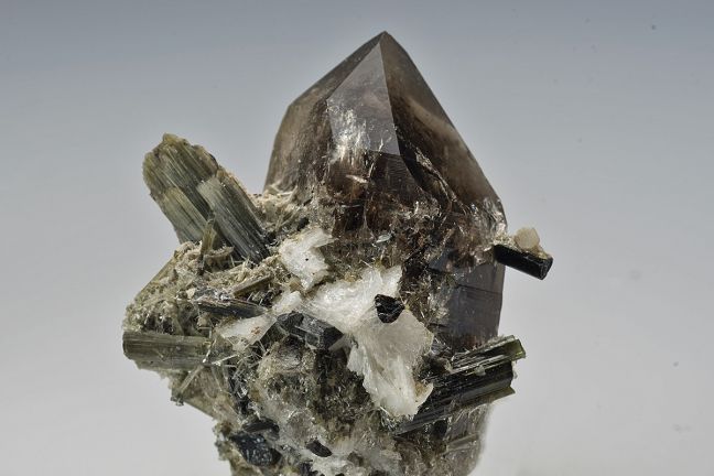 Tourmaline on Smokey Quartz