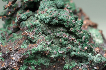 Native copper, cuprite and malachite