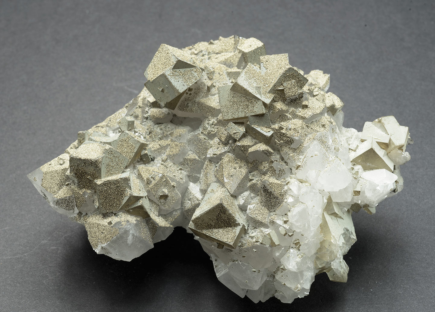 Pyrite & chamosite on fluorite, 'Zinc flats', Cambokeels mine, Eastgate, Weardale. 110x90x45mm