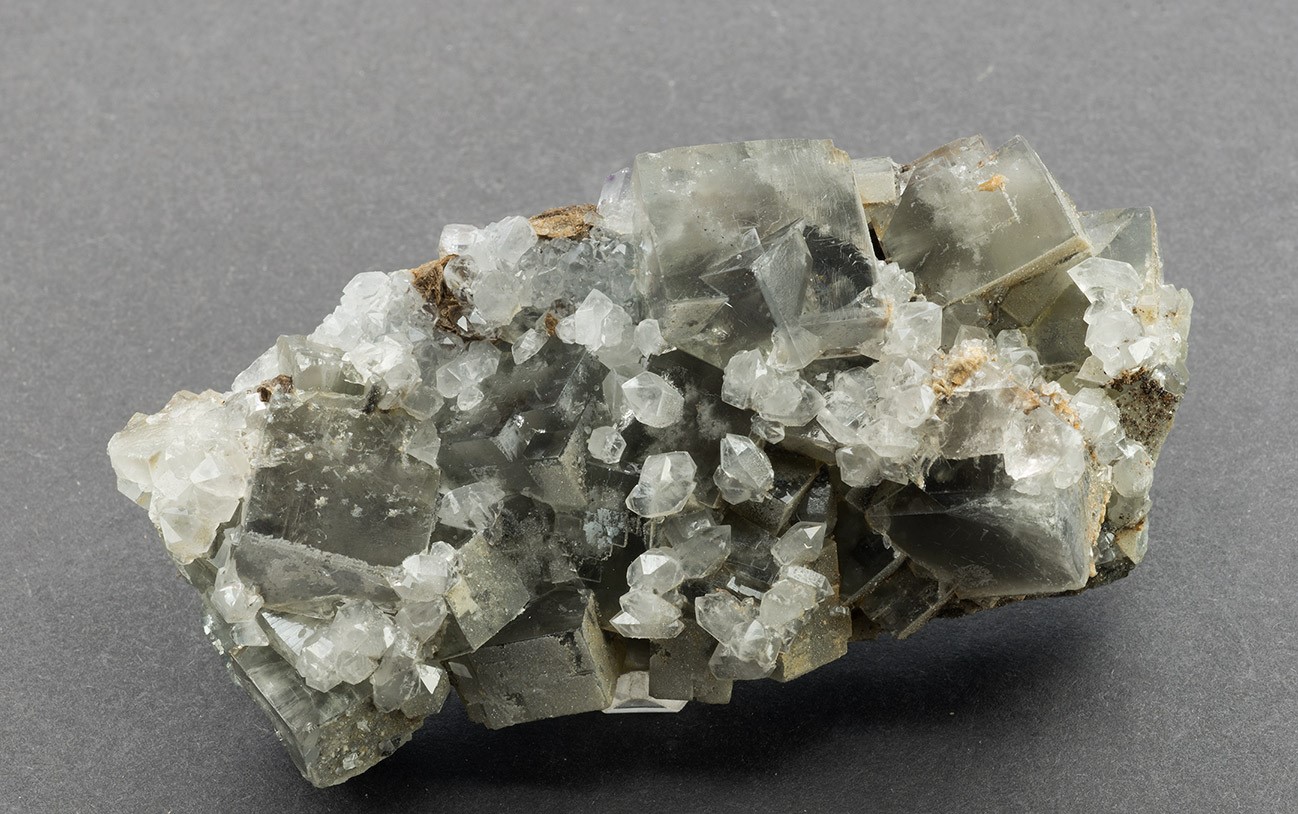 Quartz on fluorite, Whiteheaps mine, Hunstanworth, Co. Durham.  90x50x25mm